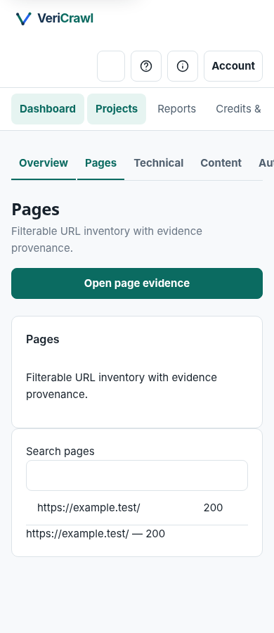 Mobile VeriCrawl Pages inventory showing the responsive Project interface and page evidence action.