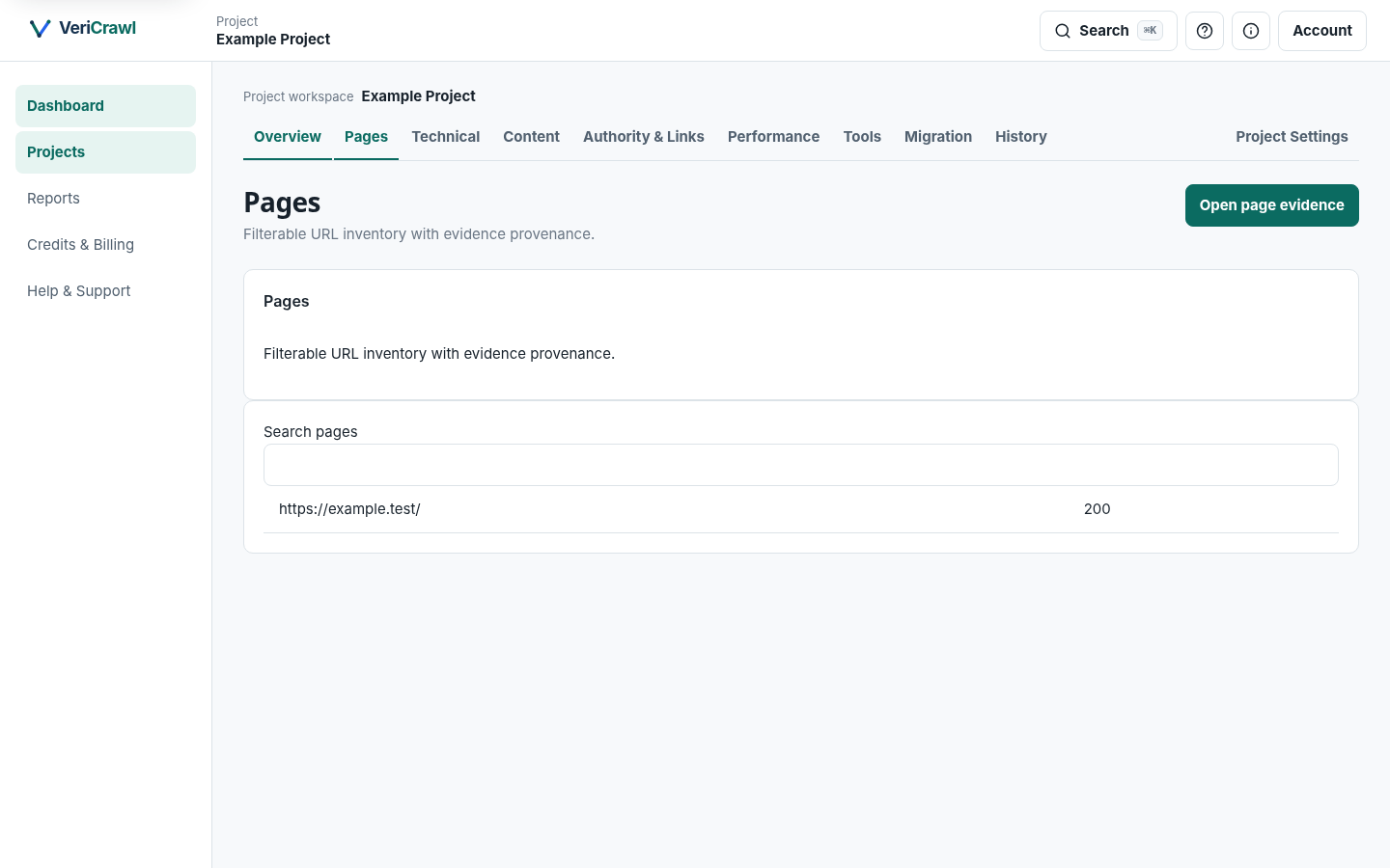 VeriCrawl pages inventory