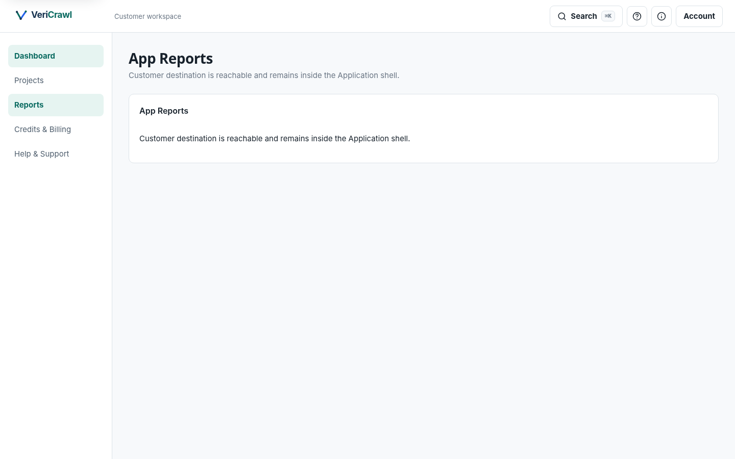 VeriCrawl Reports workspace describing immutable reports and signed, expiring, revocable share links.