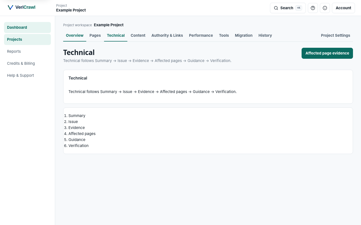 VeriCrawl technical SEO analysis